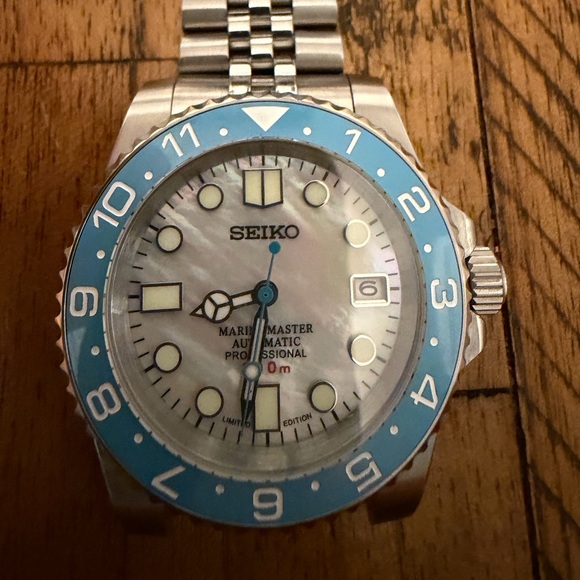 Seiko Other - Seiko Mod Automatic Light Blue Bezel Mother-of-Pearl Dial Dive Watch